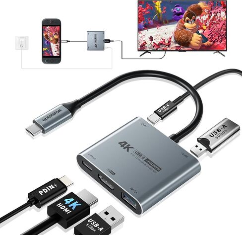 محور عرض Guermok 4 في 1 مزدوج USB-C، مخرج فيديو 4K@60 هرتز، مدخل PD 100 واط وUSB 3.0 5 جيجابت في الثانية، متوافق مع نظارات AR، Switch 2، أجهزة الكمبيوتر المحمولة، الشاشات المحمولة وشاشات العرض من النوع C (فضي) in Kuwait