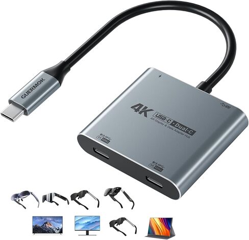 Guermok 4-in-1 Dual USB-C Display Hub, 4K@60Hz Video Output, PD 100W Input & USB 3.0 5Gbps, Compatible with AR Glasses, Switch 2, Laptops, Portable Monitors & Type-C Displays（Silver） in Saudi Arabia