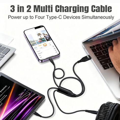 كابل شحن متعدد USB C بقوة 100 واط، USB A/C إلى USB C QC3.0 شحن سريع بطول 4 أقدام، سلك شاحن متعدد 3 في 2، مع 3 موصلات من النوع C متوافقة مع الهواتف المحمولة والأجهزة اللوحية والمزيد in Kuwait