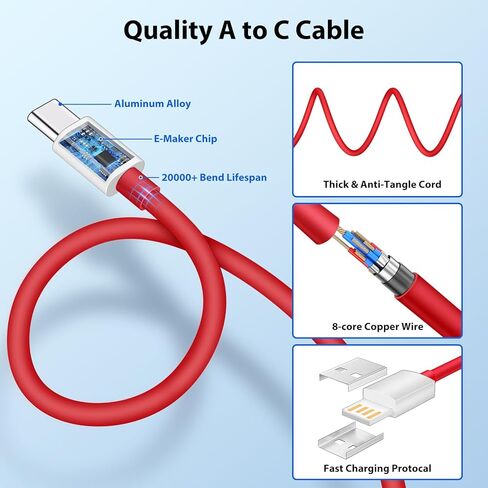 لكابل Oneplus USB C 80 واط للشحن الفائق، 2 حزمة 6.6ft 10A USB A إلى USB-C كابل لـ OnePlus 15/13/12/12R/11 5G/10 Pro/Nord 4، سلك شحن عالي السرعة من النوع C ونقل البيانات، أحمر in Kuwait