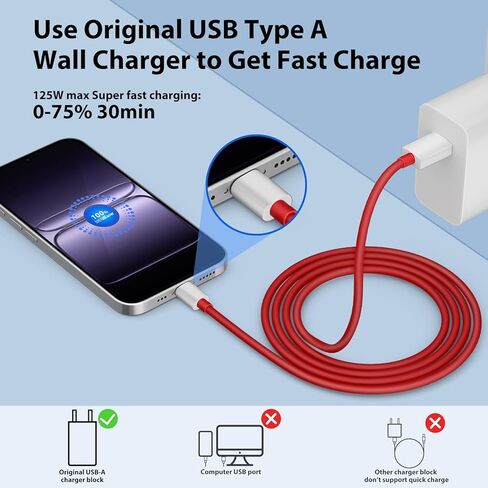 لكابل Oneplus USB C 80 واط للشحن الفائق، 2 حزمة 6.6ft 10A USB A إلى USB-C كابل لـ OnePlus 15/13/12/12R/11 5G/10 Pro/Nord 4، سلك شحن عالي السرعة من النوع C ونقل البيانات، أحمر in Kuwait