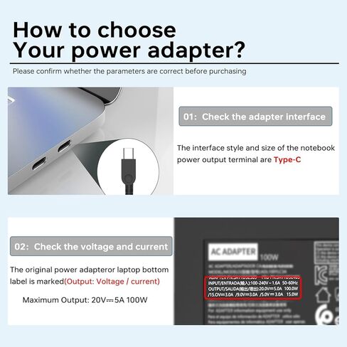 100W USB Type C Laptop Charger for Lenovo Yoga Slim 7 Pro, IdeaPad 5 Pro16 ThinkPad 15 16 X280, Compatible P/N: ADL100YLC3A 5A11J62105 SA11D52396 Power Supply Adapter in Kuwait