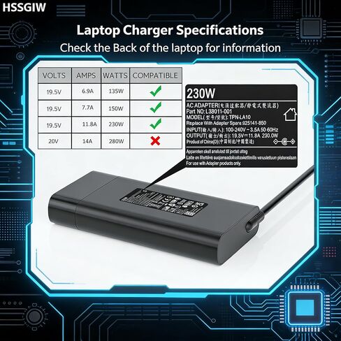 230W 200W Gaming Laptop Charger Compatible with HP Omen 15 16 17 Transcend 16.1"; Victus 16 ZBook Studio Fury Envy 16 17 G8 G9 G10 19.5V 11.8A AC Adapter TPN-Q265 TPN-LA10 TPN-DA12 Power Supply Cord in Kuwait