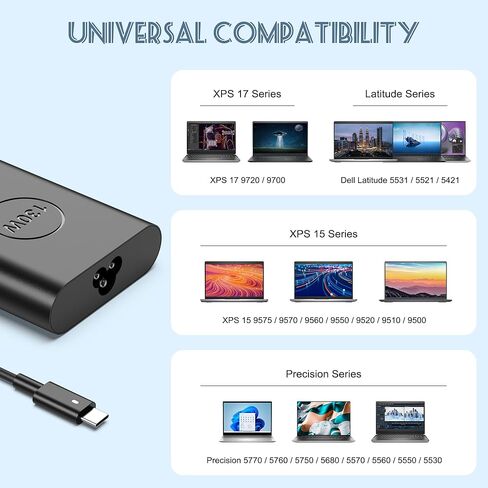شاحن كمبيوتر محمول USB C بقدرة 130 واط متوافق مع Dell Dell XPS 15 16 17 9520 9530 9640 9700 9710 9720 2in1، Precision 5550 5560 5570 5690 7680، Latitude 7410 7310 7210 9410 9510، سلك طاقة بطول 11 قدم in Kuwait
