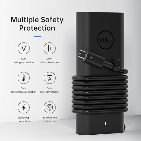 محول تيار متردد بقدرة 130 وات USB C لشاحن الكمبيوتر المحمول Dell - مزود طاقة شحن سريع متوافق مع Dell XPS 15/17، سلسلة Precision 5000/3000، سلسلة Latitude 9000/7000/5000 in Kuwait