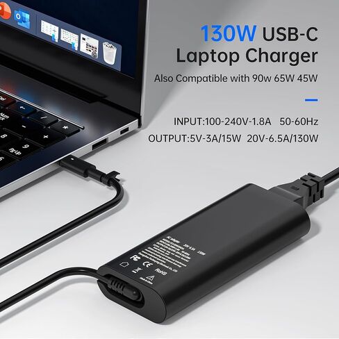 محول تيار متردد بقدرة 130 وات USB C لشاحن الكمبيوتر المحمول Dell - مزود طاقة شحن سريع متوافق مع Dell XPS 15/17، سلسلة Precision 5000/3000، سلسلة Latitude 9000/7000/5000 in Kuwait