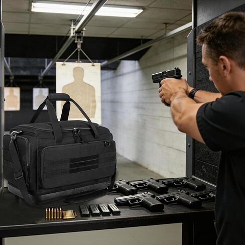 GOBUROS Tactical Gun Range Duffle Bag with Molded Bottom for 6 Handguns, Soft Pistol Case with 8X Magazine Slot, Large Gun Carrying Bag for Shooting Gear Accessories Ammo Storage Bag with Molle System in Kuwait