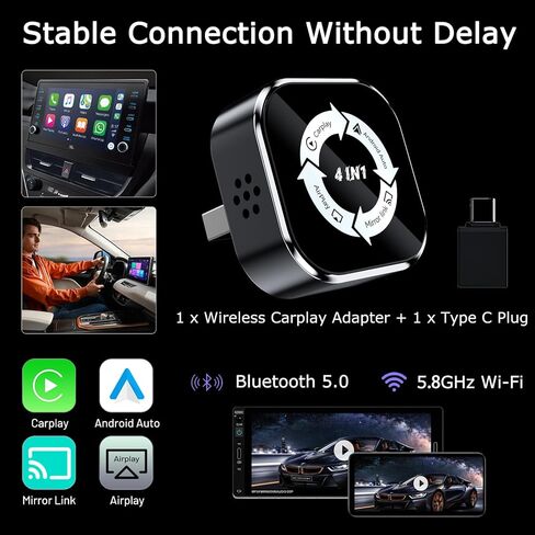 Wireless CarPlay Adapter 4-in-1,2026 Upgraded Screen Mirroring,Support Mirror Link/AirPlay for Apple CarPlay & Android Auto,for Cars with Wired CarPlay, Fast Auto-Connection, Plug & Play in Kuwait