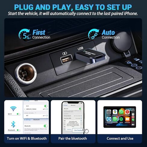 Wireless CarPlay Adapter for iPhone, 2026 Upgraded Mini Design & Plug and Play & 5s Auto Stable Connection Converts Wired Connections to Wireless Compatible for iPhone 6+ (iOS 10+) & 2016+ Car in Kuwait