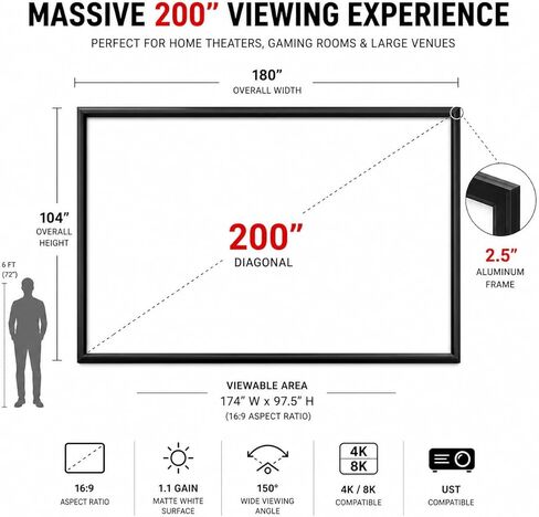 شاشة عرض بإطار ثابت من KHOMO GEAR - غير لامعة 100 بوصة - معلقة على الحائط - 4K - 8K Ultra HD، HDTV، HDR وActive 3D، غطاء قصير جدًا - تنسيق 16:9 in Kuwait
