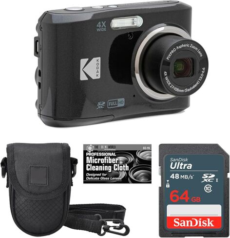 كاميرا Kodak PIXPRO FZ45 رقمية 16 ميجابكسل، تكبير بصري 4X 27 مم زاوية واسعة 1080 بكسل فيديو عالي الدقة 2.7 بوصة كاميرا LCD (أسود) + حافظة مبطنة + بطاقة 64 جيجابايت + قطعة قماش للتنظيف in Kuwait