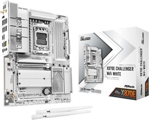 ASRock X870E Challenger WiFi White, AMD AM5 Ryzen 9000-7000, DDR5 8200+ (OC), PCIe 5.0, Dual USB4, Wi-Fi 7, 5G LAN, 20+2+1 Phase 110A SPS in Kuwait