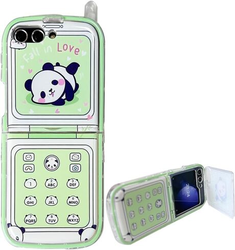 GO-VOLNON for Samsung Galaxy Z Flip 7 Girly Case Lovely Panda and Retro Green Phone Print, Kawaii Woman Cover Protective Front Screen Cover, Creative Hidden Kickstand Case for Z Flip 7 in Kuwait