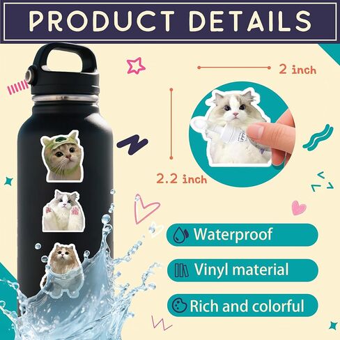 60 PCS Cute Cat Stickers for Water Bottle, Kawaii Cats Meme Sticker for Kids Adults, Funny Meme Kitten Waterproof Vinyl Decals for Laptop Guitar Suitcase-A10 in Kuwait