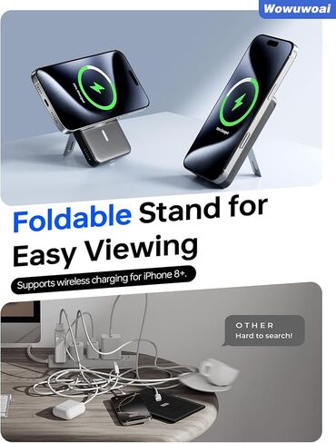 10000mAh Wireless Magnetic Power Bank with USB C Charging and Stand, Travel Essential for Magsafe Battery Pack Compatible with iPhone 17/air/16/15/14/13/12 Series in Kuwait