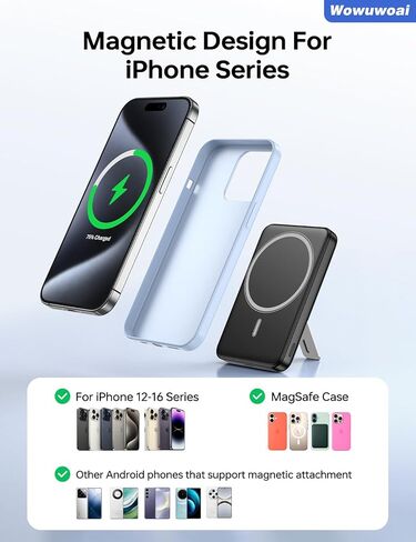10000mAh Wireless Magnetic Power Bank with USB C Charging and Stand, Travel Essential for Magsafe Battery Pack Compatible with iPhone 17/air/16/15/14/13/12 Series in Kuwait