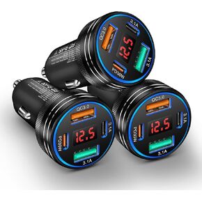 3 عبوات شاحن سيارة USB C، شاحن USB ولاعة سجائر 65 وات 4 منافذ مع عرض الجهد الكهربي، 12-24 فولت مزدوج USB-C+USB-A شاحن سيارة USB C شحن سريع ملحقات الهاتف لهاتف iPhone 17 16 15 Pro Max Plus S25 S24 in Kuwait