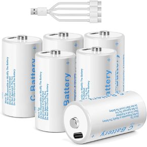 بطاريات C حجم C بطاريات ليثيوم قابلة للشحن، LR14 4100mWh 1.5V USB-C شحن للألعاب والأضواء الكاشفة (6 عبوات، بطارية C) in Kuwait