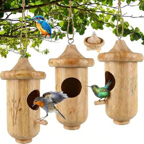 Hummingbird House for Outside Hanging, Wooden Humming Bird Nest 3 Pack with Hemp Ropes, Garden Window Bird Houses in Kuwait