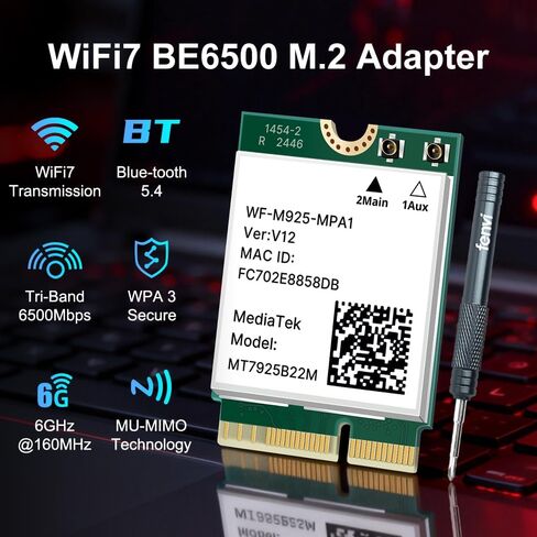 FENVI WiFi 7 BE6500 M.2 Wireless Card,Tri-Band 6G/5G/2.4Ghz Wi-Fi7 802.11be 6.5Gbps Network Adapter for Laptop/PC, WPA3,OFDMA MU-MIMO,with Bluetooth 5.4, Support Intel/AMD Windows 10/11 (64-Bit) in Kuwait