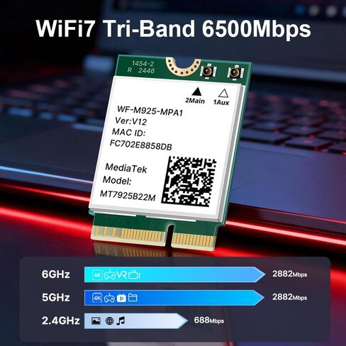 FENVI WiFi 7 BE6500 M.2 Wireless Card,Tri-Band 6G/5G/2.4Ghz Wi-Fi7 802.11be 6.5Gbps Network Adapter for Laptop/PC, WPA3,OFDMA MU-MIMO,with Bluetooth 5.4, Support Intel/AMD Windows 10/11 (64-Bit) in Kuwait