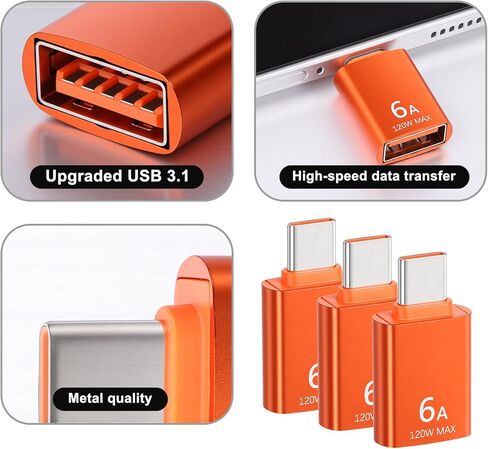 10 عبوات من محول USB A أنثى إلى USB C ذكر، 10 جيجابت في الثانية 120 وات برتقالي سريع نقل البيانات من النوع C ذكر إلى USB3.1 أنثى OTG محول للهواتف الذكية والكمبيوتر المحمول ولوحة المفاتيح in Kuwait