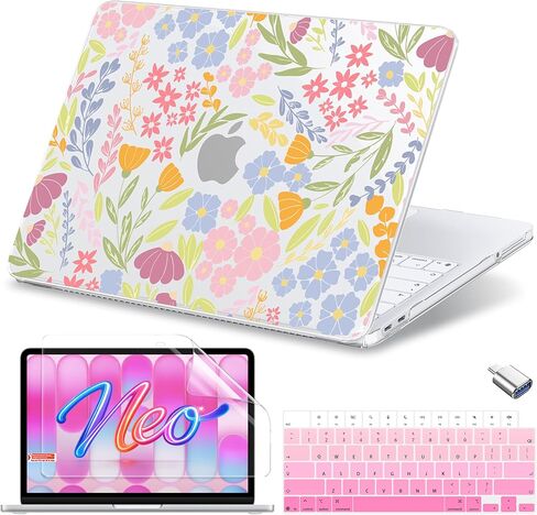 حافظة MecBevia لجهاز MacBook Neo مقاس 13 بوصة إصدار 2026 موديل A3404 مع شريحة A18 Pro، حافظة صلبة مع غطاء لوحة مفاتيح، واقي شاشة، نوع C، زهور ملونة in Kuwait
