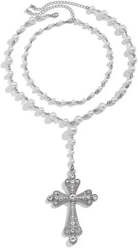 Crystal Cross Layered Pearl Chain Pendant Necklace Dainty Large CZ Cross Pearl Y Necklace Silver Rhinestone Cross White Chunky Pearl Chain Necklace for Women Punk Beaded Faux Pearl Choker Necklace Faith Protection Jewelry in Saudi Arabia
