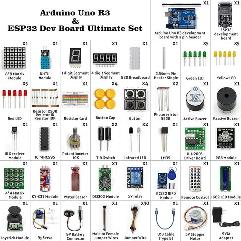 UNO R3 وESP32 متوافق مع Arduino IDE، مجموعة البدء الأساسية الشاملة لمشروع UNO مع كابل USB، لوحة تطوير WiFi ESP32، إنترنت الأشياء للمهندسين المبتدئين in Kuwait