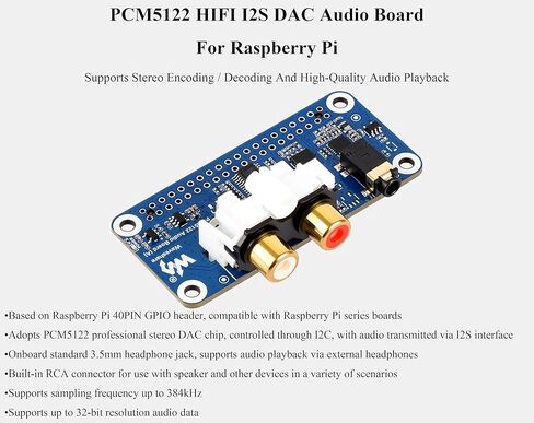 بطاقة صوت PCM5122 HiFi I2S DAC متوافقة مع Raspberry Pi 5/4B/3B+/3B/Pi Zero W/Zero 2W/Pico W/Pico 2W، بناءً على رأس Pi 40PIN GPIO، تشفير/فك تشفير ستيريو، دعم تشغيل الصوت in Kuwait