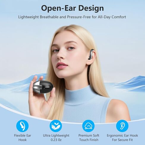Open Ear Clip Wireless Earbuds Bone Conduction Headphones, Bluetooth 5.4, Open Ear Design for Running Fitness,Office，Built-in Mic, IPX7 Waterproof, LED Display Charging Case,Ear Hooks Ear Buds in Kuwait