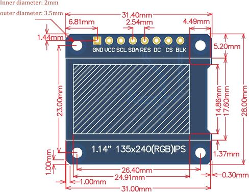 وحدة عرض LCD مقاس 1.14 بوصة شاشة IPS مع ألوان 65K RGB وواجهة SPI بدقة 135x240 in Kuwait
