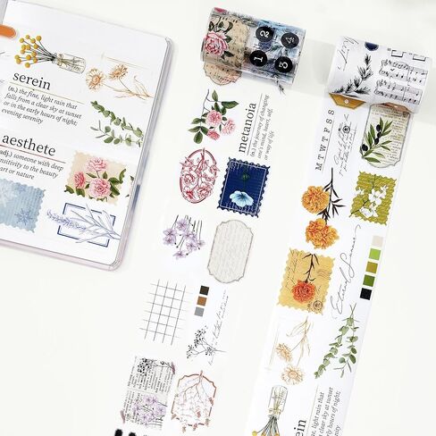 WT Petals & Parchment Washi Sticker Tape Set, 4 Rolls, Original Designs, Vintage Floral Decorative Masking Tape, DIY Craft Sticker, Journaling Scrapbook Bujo Planner Supplies, Adhesive Paper Tape in Saudi Arabia