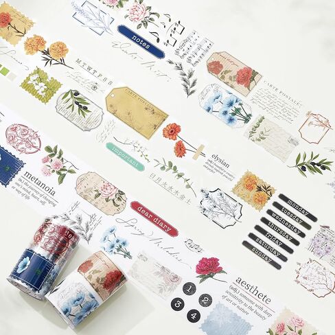 WT Petals & Parchment Washi Sticker Tape Set, 4 Rolls, Original Designs, Vintage Floral Decorative Masking Tape, DIY Craft Sticker, Journaling Scrapbook Bujo Planner Supplies, Adhesive Paper Tape in Saudi Arabia