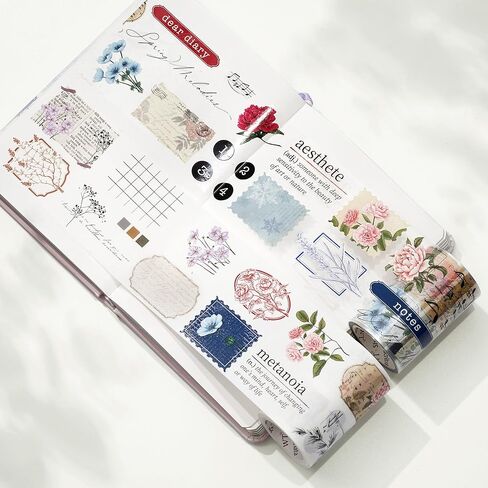 WT Petals & Parchment Washi Sticker Tape Set, 4 Rolls, Original Designs, Vintage Floral Decorative Masking Tape, DIY Craft Sticker, Journaling Scrapbook Bujo Planner Supplies, Adhesive Paper Tape in Saudi Arabia