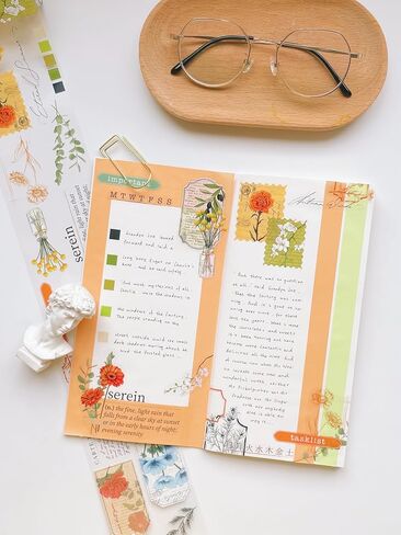 WT Petals & Parchment Washi Sticker Tape Set, 4 Rolls, Original Designs, Vintage Floral Decorative Masking Tape, DIY Craft Sticker, Journaling Scrapbook Bujo Planner Supplies, Adhesive Paper Tape in Saudi Arabia