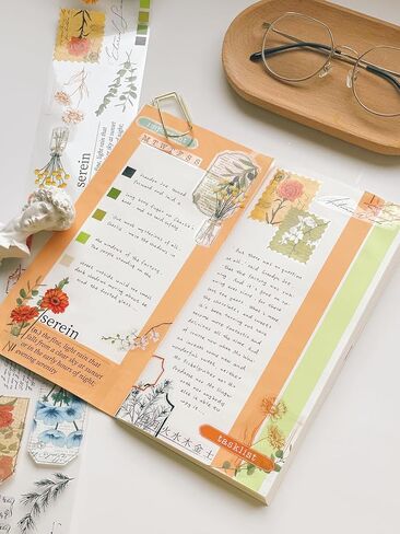 WT Petals & Parchment Washi Sticker Tape Set, 4 Rolls, Original Designs, Vintage Floral Decorative Masking Tape, DIY Craft Sticker, Journaling Scrapbook Bujo Planner Supplies, Adhesive Paper Tape in Saudi Arabia