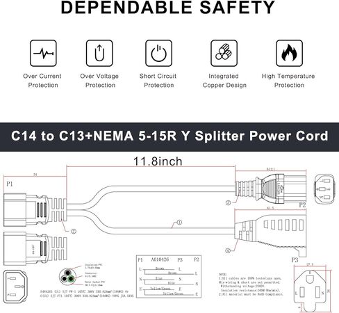 IEC320 C14 to C13 and NEMA 5-15R Y Splitter Power Cord, 3-Prong Power Adapter Cable for PDU, UPS, Computer, Monitor and Printer, Heavy Duty 18AWG Power Splitter, 1ft/12inch (1-Pack) in Saudi Arabia