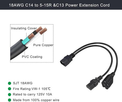 IEC320 C14 to C13 and NEMA 5-15R Y Splitter Power Cord, 3-Prong Power Adapter Cable for PDU, UPS, Computer, Monitor and Printer, Heavy Duty 18AWG Power Splitter, 1ft/12inch (1-Pack) in Saudi Arabia