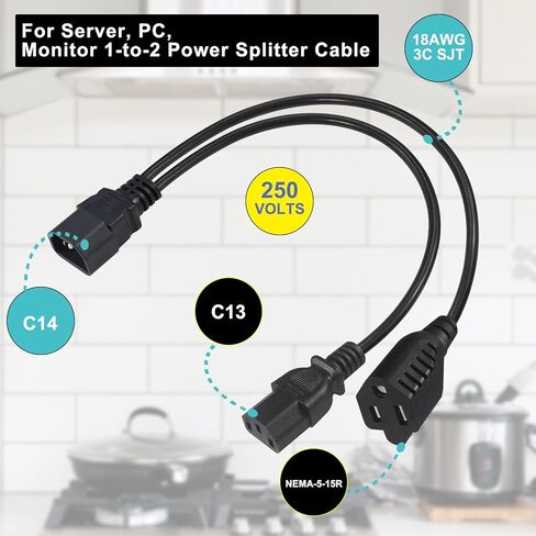 سلك طاقة مقسم IEC320 C14 إلى C13 وNEMA 5-15R Y، كابل محول طاقة ثلاثي الشقوق لـ PDU، UPS، الكمبيوتر، الشاشة والطابعة، مقسم طاقة 18AWG عالي التحمل، 1 قدم/12 بوصة (عبوة واحدة) in Kuwait