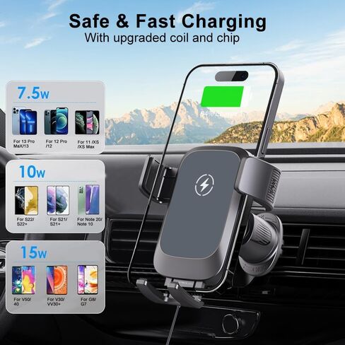Wireless Car Charger, Auto-Clamping Air Vent Mount Car Phone Holder - 15W/10W/7.5W Fast Charging Compatible with iPhone 17/16/15/14/13/13 Pro/12 Pro Max/12 Pro/12 & Samsung Galaxy, Gift for Men Women in Kuwait