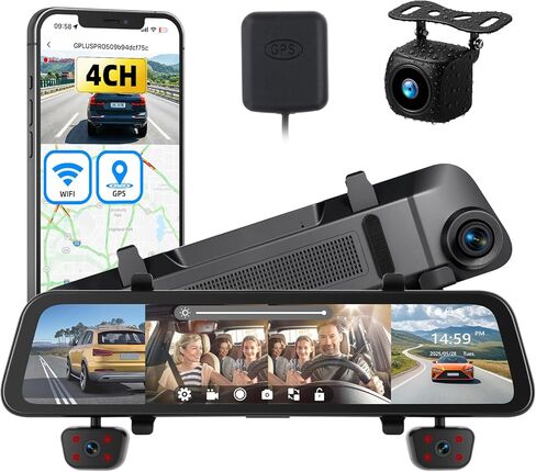 SIXTOP 3 Channel Mirror Dash Cam 2K + Inside 1080P + Rear 1080P كاميرات مرآة الرؤية الخلفية الثلاثية للسيارة 9.66 بوصة IPS شاشة تعمل باللمس للرؤية الليلية WiFi G-Sensor BSD Loop Record عكس مساعدة مراقبة وقوف السيارات in Kuwait