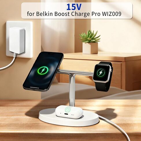 15V Charge for Belkin Boost Pro WIZ009 K7SWIZ009 WIZ010 WIZ016 WIZ017 WIZ017TT WH BK 3-in-1 Power Cord Compatible with 2ACR040G NJ 2ACR040GNJ Power Supply in Kuwait