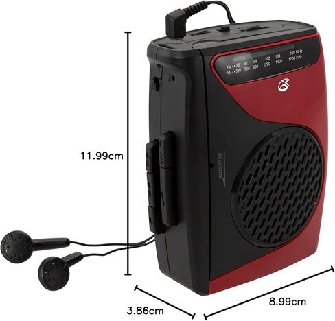 GPX Portable Cassette Player, 3.54 x 1.57 x 4.72 Inches, Requires 2 AA Batteries - Not Included, Red/Black (CAS337B) Black/Red in Saudi Arabia