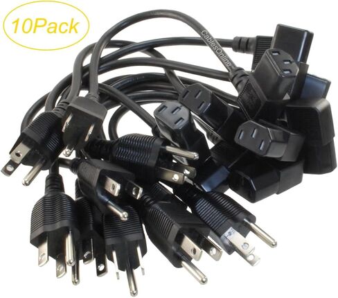كابلات اون لاين 10 عبوات 1 قدم. كابلات طاقة قصيرة للكمبيوتر الشخصي ذات 3 موصلات، 18AWG NEMA 5-15P إلى الزاوية اليمنى IEC-60320-C13، PC-301R-10 in Kuwait
