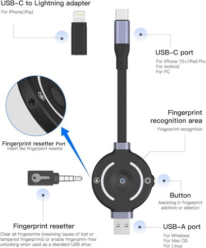 محرك أقراص فلاش USB C مشفر ببصمة الإصبع سعة 128 جيجابايت، محرك أقراص فلاش لتشفير الأجهزة مع أداة إعادة الضبط، وضع الاستخدام لمرة واحدة، لا حاجة إلى برامج، التسجيل 5 مرات in Kuwait