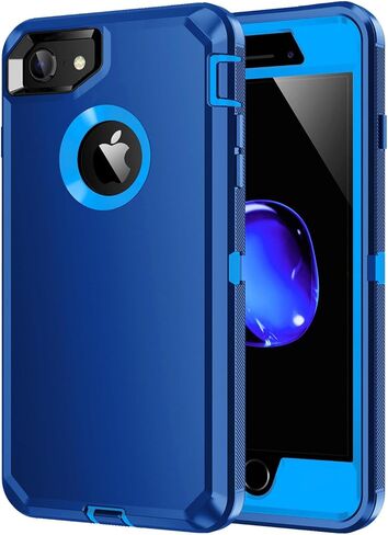 جراب iPhone 8، جراب iPhone 7، [واقي شاشة مدمج] عالي التحمل مقاوم للصدمات والغبار/السقوط [3 طبقات] جراب متين لحماية الجسم بالكامل، أزرق in Kuwait