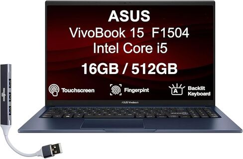 كمبيوتر محمول ASUS VivoBook 15 بشاشة لمس IPS FHD مقاس 15.6 بوصة (Intel i5-1334U، 16 جيجابايت DDR4، 512 جيجابايت SSD، لوحة مفاتيح بإضاءة خلفية، بصمة الإصبع، لوحة مفاتيح رقمية، WiFi، BT، Win 11 Home) مع موسع منفذ USB DKZ in Kuwait