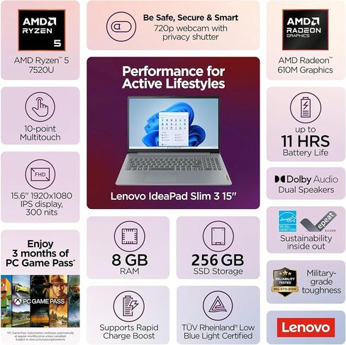 Lenovo IdeaPad Slim 3i Laptop, 15.6" FHD (1920x1080) IPS 300nits Anti-Glare Display,AMD Ryzen 5 7520U, AMD Radeon 610M, 8GB RAM 256GB SSD, Wi-Fi6, Win11, Artic Grey, with 2TB Flash Drive, W/GaLiMu in Saudi Arabia