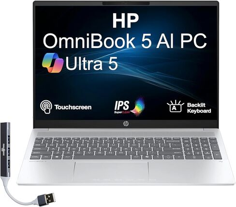 كمبيوتر محمول HP OmniBook 5 Next Gen AI بشاشة لمس 16.0 بوصة 2K (1920x1200) IPS (Intel Ultra 5-225U، 16 جيجابايت LPDDR5X، 1 تيرابايت PCIe SSD، Copilot+، لوحة مفاتيح بإضاءة خلفية، كاميرا ويب، Win 11 Pro) مع موسع منفذ USB DKZ in Kuwait